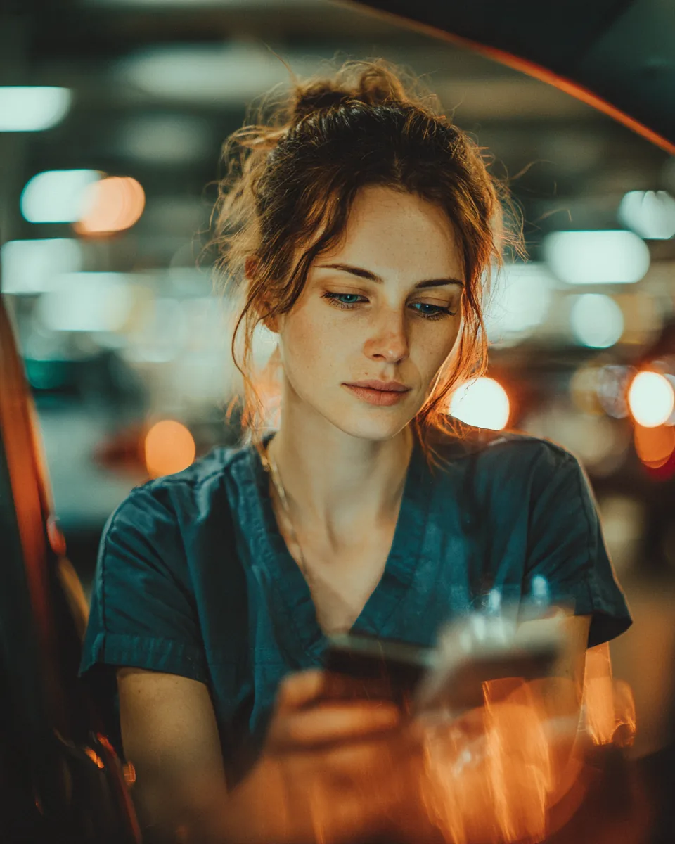 Nurse in scrubs sitting in her car in a parking garage after a shift, planning a personal loan request on her phone