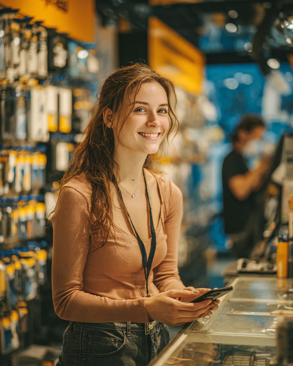 Young woman picking up her repaired smartphone at a small repair shop counter, paid for with a small personal loan