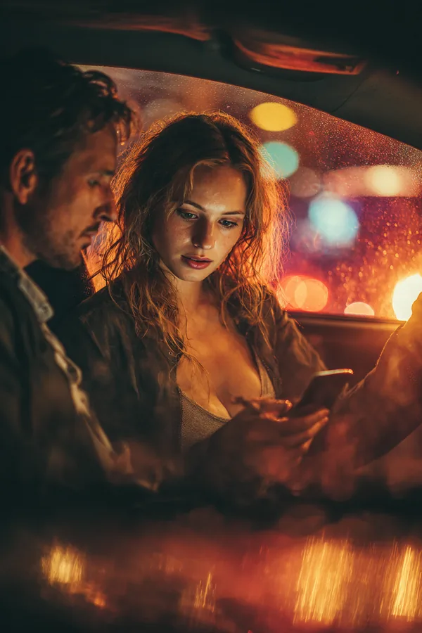 Couple in a parked car comparing two personal loan options on one phone