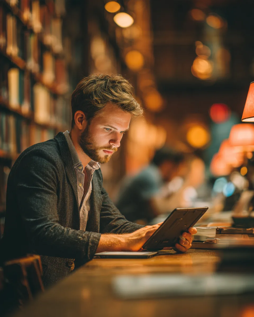 A man at a public library desk comparing two tablets side by side while researching personal loan lenders