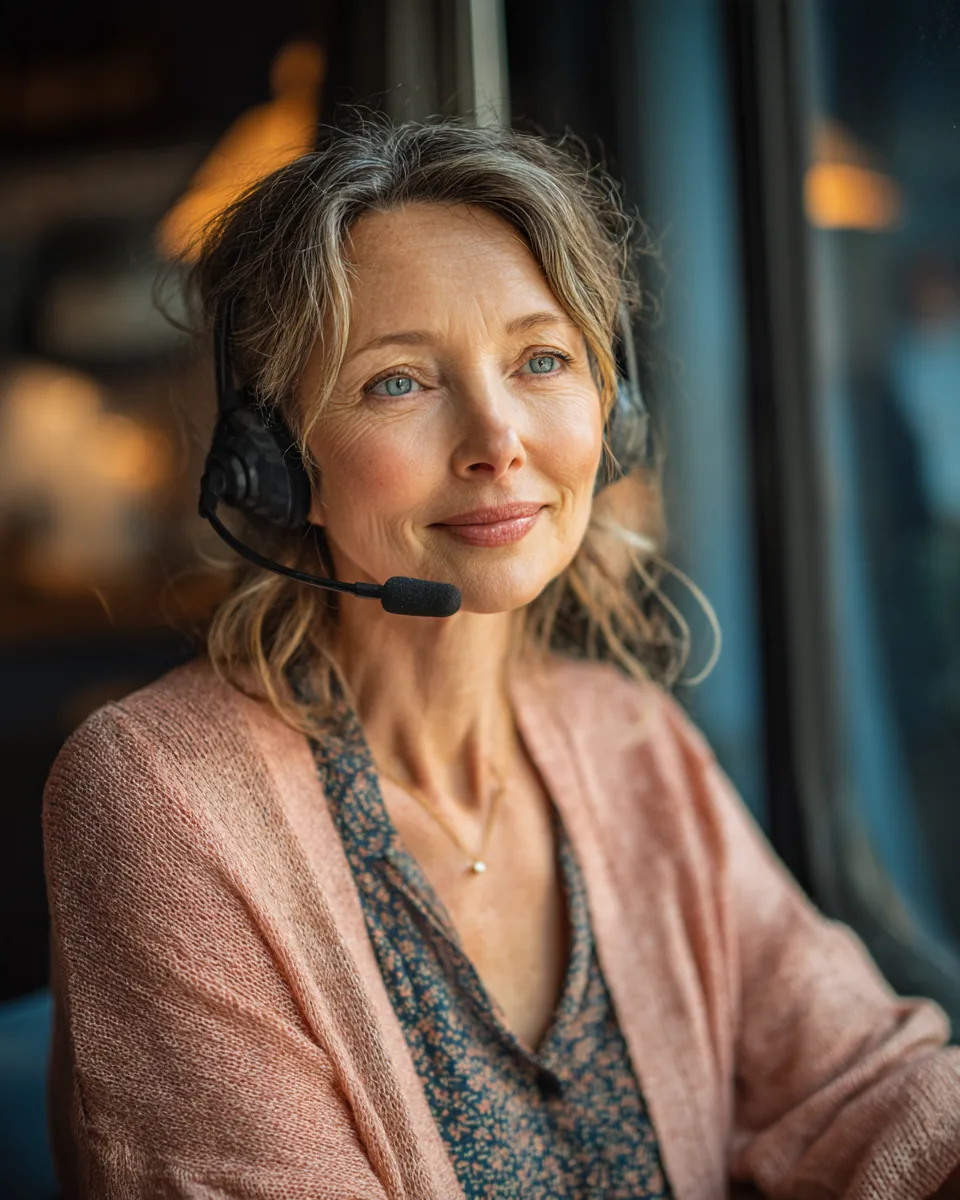 A support specialist in her fifties wearing a headset beside a large office window, ready to answer NuvaLoan customer questions