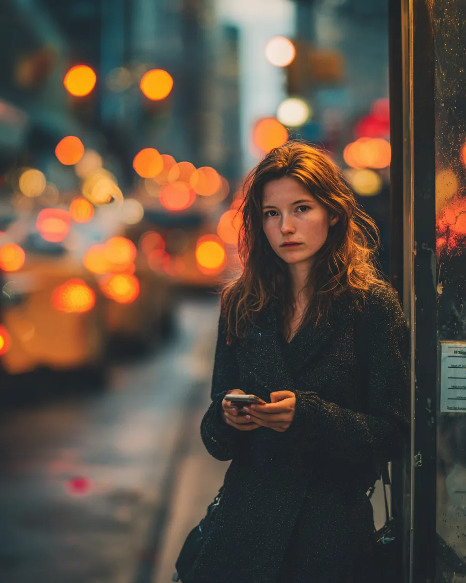Woman at a city bus stop glancing at a credit score gauge on her phone after taking a personal loan to consolidate debt