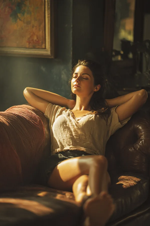 Woman relaxing on a sofa with her eyes closed, feeling relief after simplifying her bills
