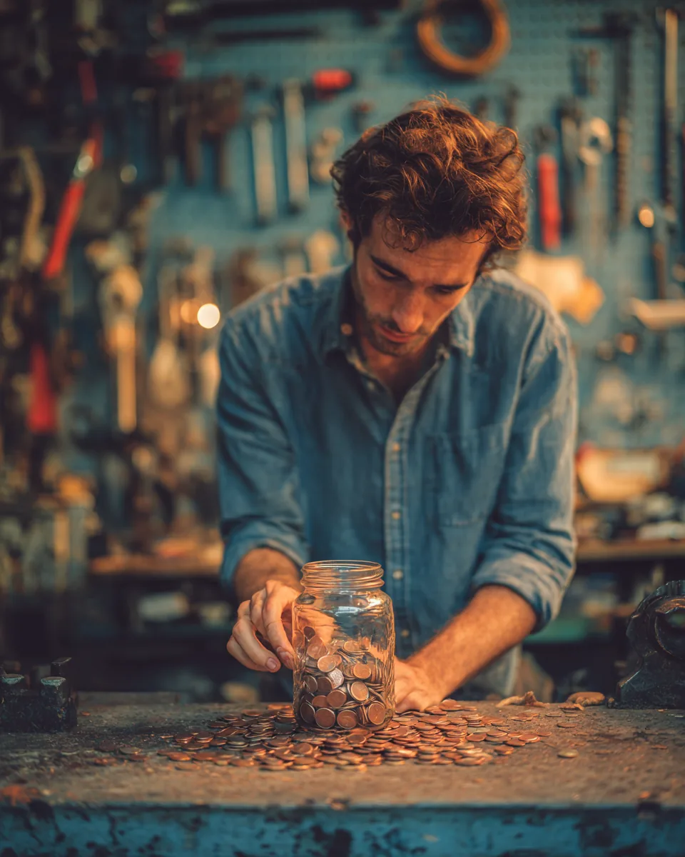 A man dropping coins into a glass jar on a garage workbench, saving for home repairs so he won't need a personal loan