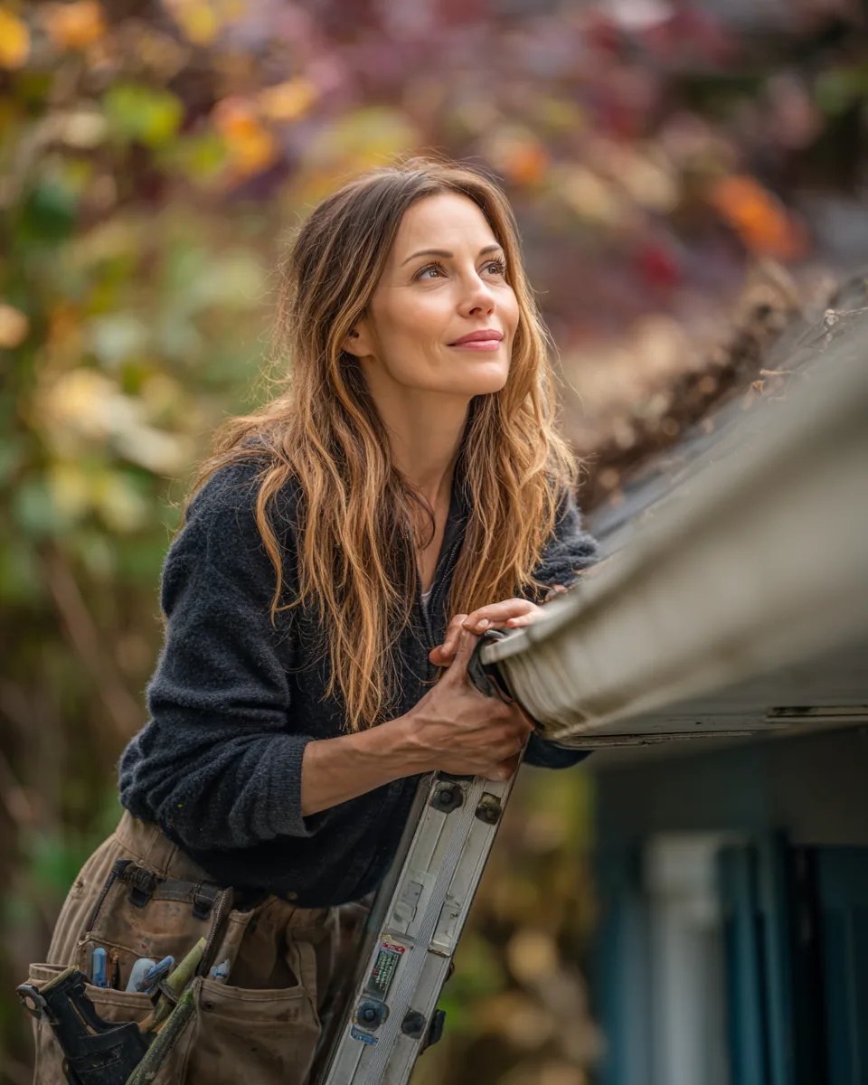 A woman on a short ladder inspecting a rain gutter while a handyman steadies it, planning a small repair she may cover with a personal loan