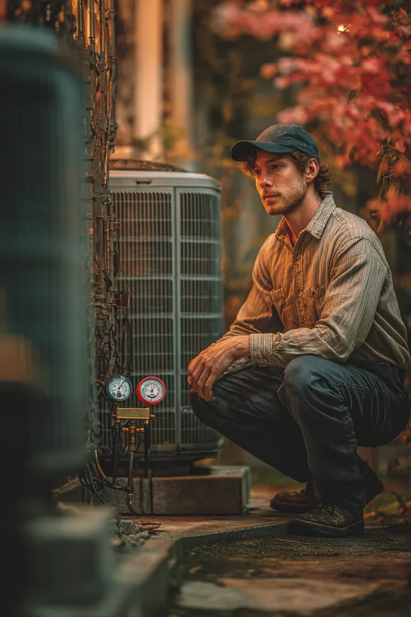An HVAC technician kneeling beside an outdoor air conditioning unit during a repair visit
