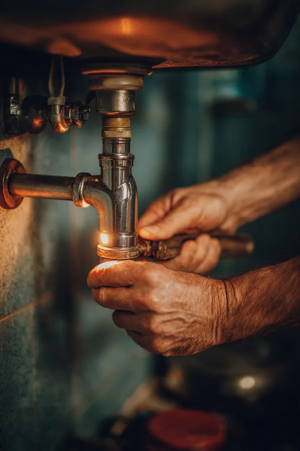 A plumber's hands tightening a pipe fitting under a kitchen sink