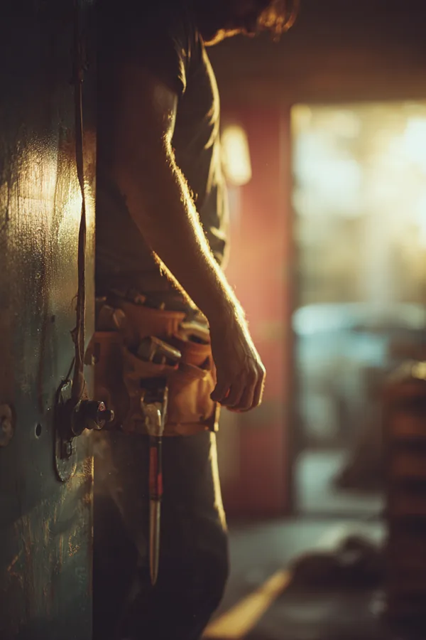 A man reaching for a tool belt hanging on a garage wall hook before a small home repair
