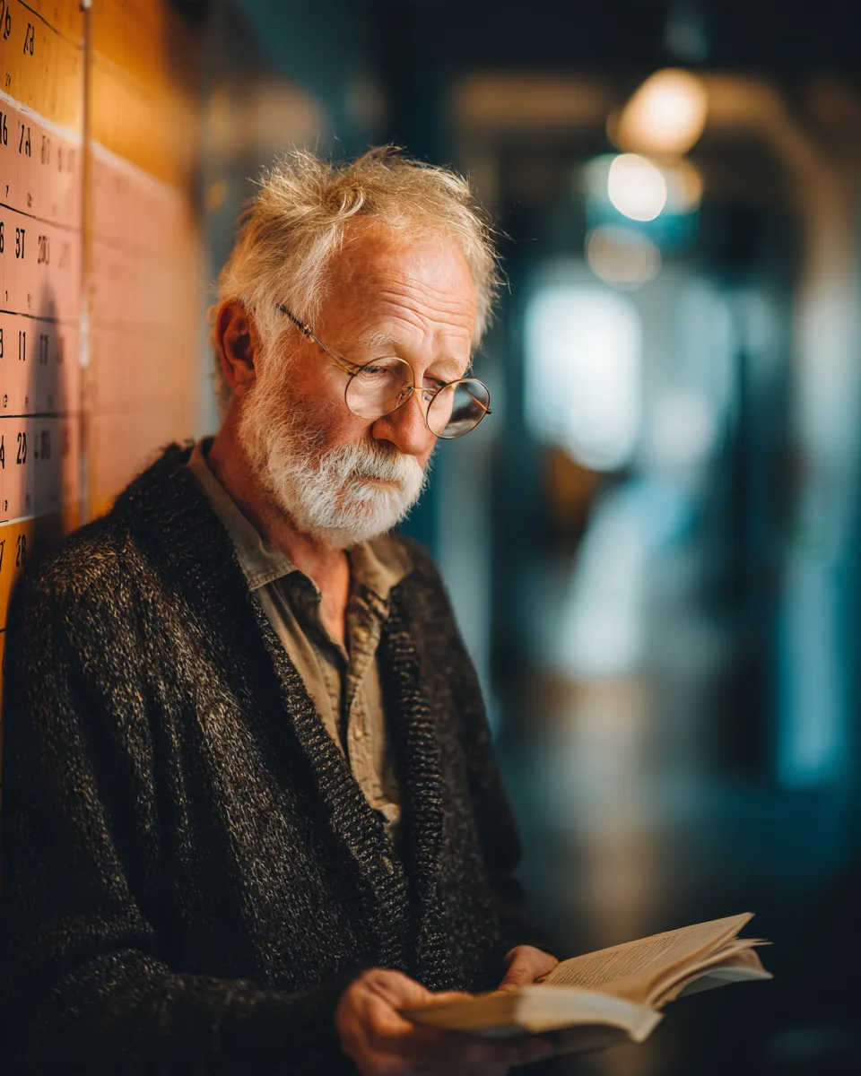 A retired man in a cardigan circling payment dates on a wall calendar in a bright hallway while planning his personal loan schedule