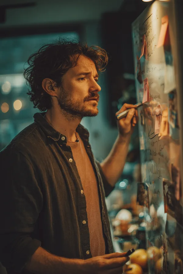 A man ticking off a checklist on a refrigerator whiteboard