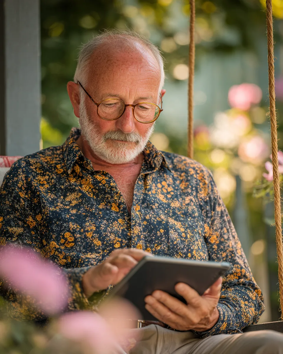 Older man with reading glasses reading a personal loan agreement on a tablet while sitting on a porch swing