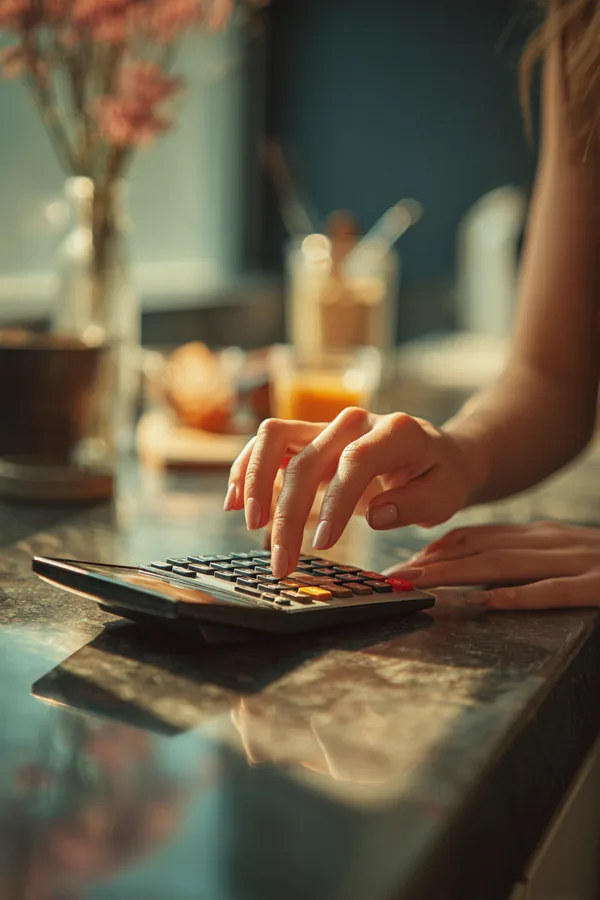 Fingers tapping numbers into a calculator app on a smartphone