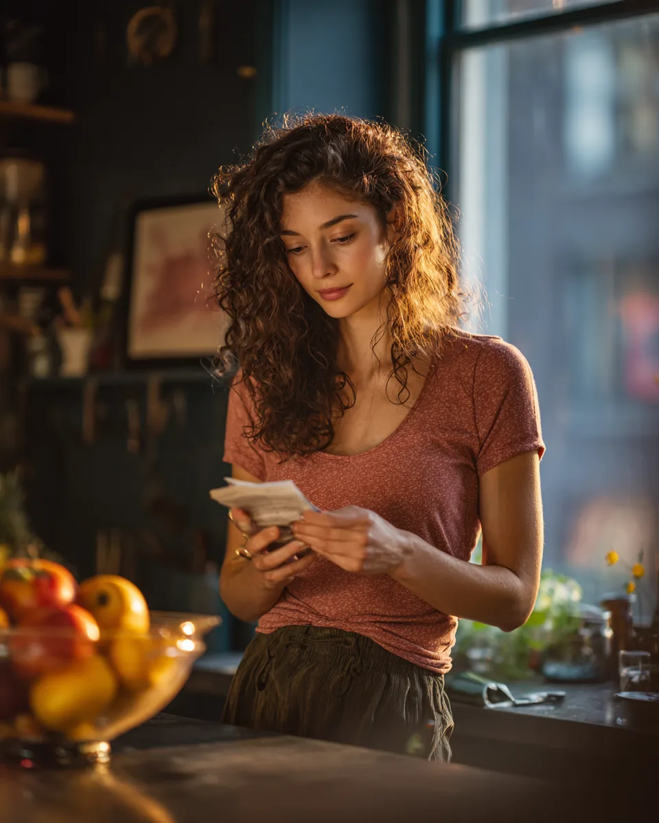 Woman scanning a paper with her phone at a kitchen counter to prepare documents for a personal loan