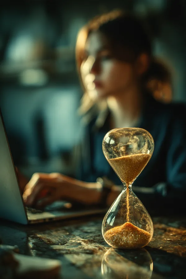 An hourglass on a desk with a person working behind it, weighing a short or long repayment term