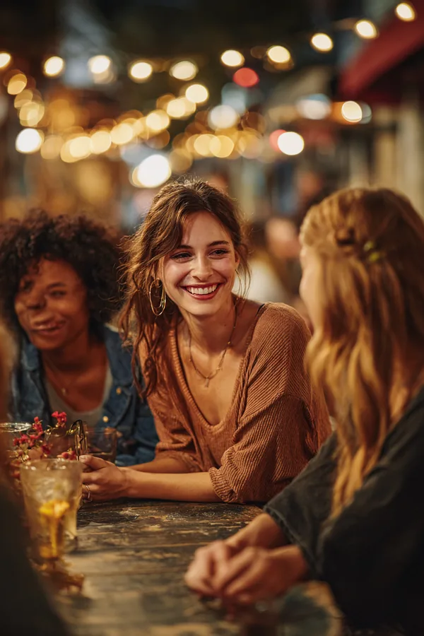 Group of friends laughing together at an outdoor café table