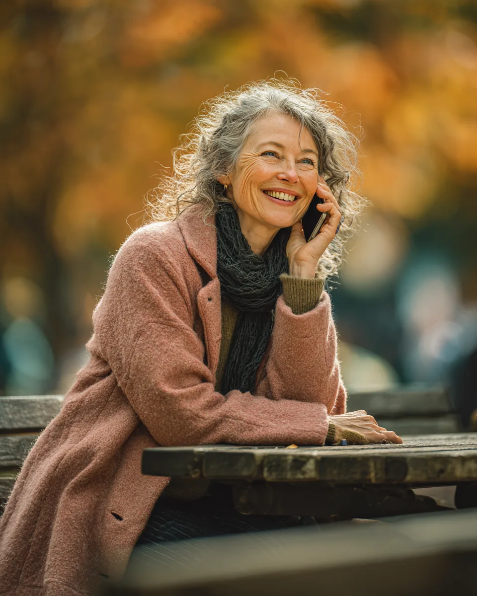 Older woman laughing while talking on the phone on a park bench after sorting out her personal loan questions