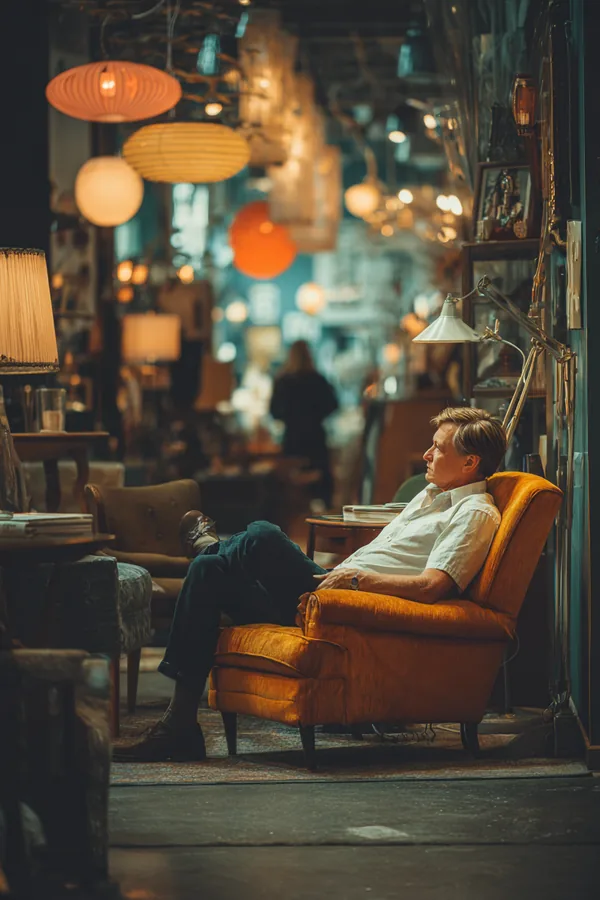 Man testing an armchair in a secondhand furniture store while furnishing a new apartment