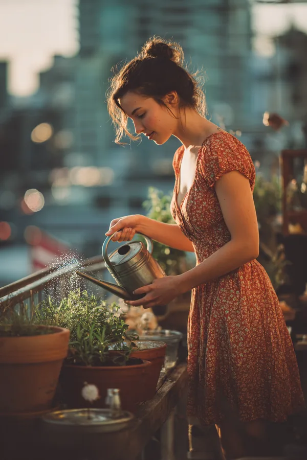 Woman watering potted herbs on an apartment balcony