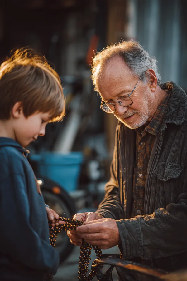 Grandfather teaching his grandson to fix a bicycle chain in a driveway