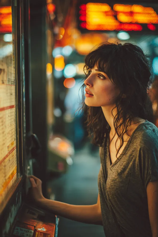 Woman buying a ticket at a bus terminal kiosk for a trip covered by a small personal loan