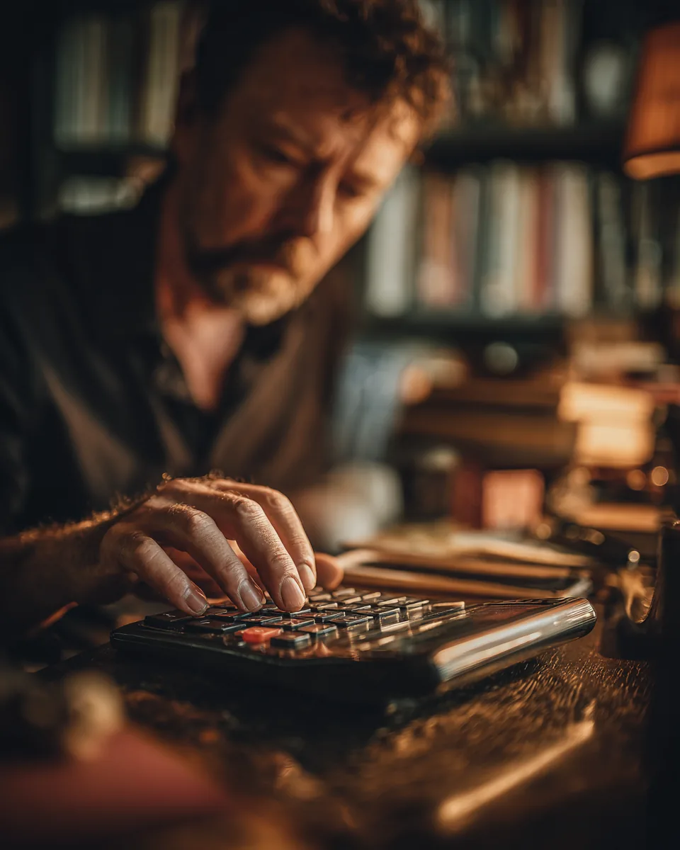 Middle-aged man pressing keys on a vintage desk calculator at a wooden desk while estimating a personal loan payment
