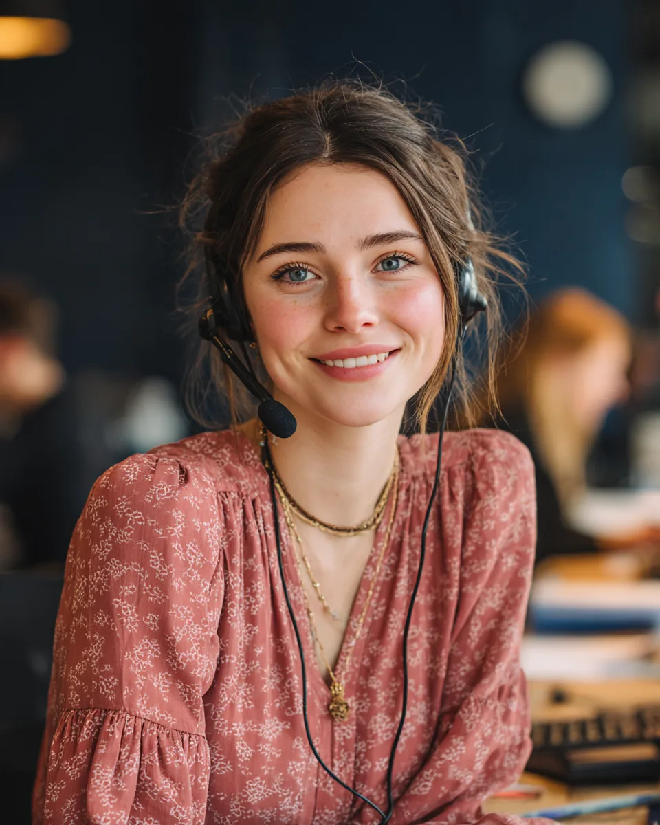 Friendly customer support specialist wearing a headset and smiling at a bright office desk, ready to answer personal loan questions