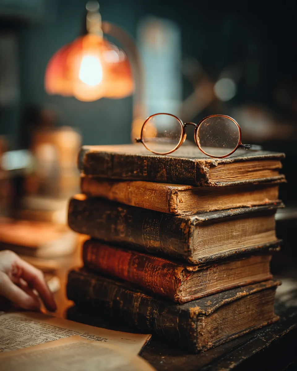 Stack of well-worn dictionaries with reading glasses as a hand turns a page of personal loan terms