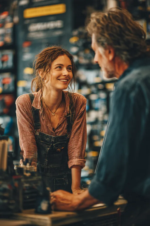 Customer asking a question at a hardware store counter