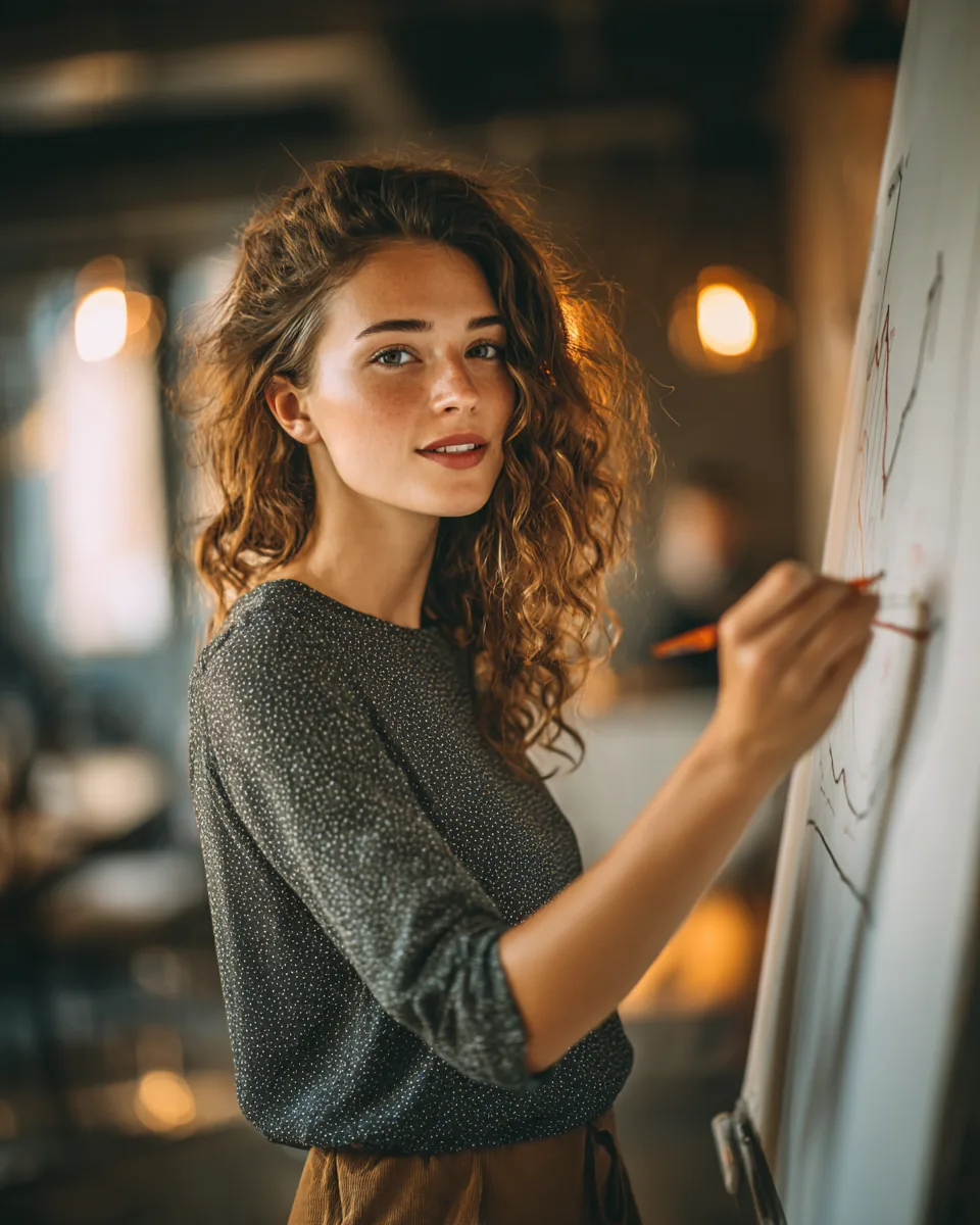 Community financial counselor pointing at a hand-drawn line graph on a whiteboard while explaining personal loan rates