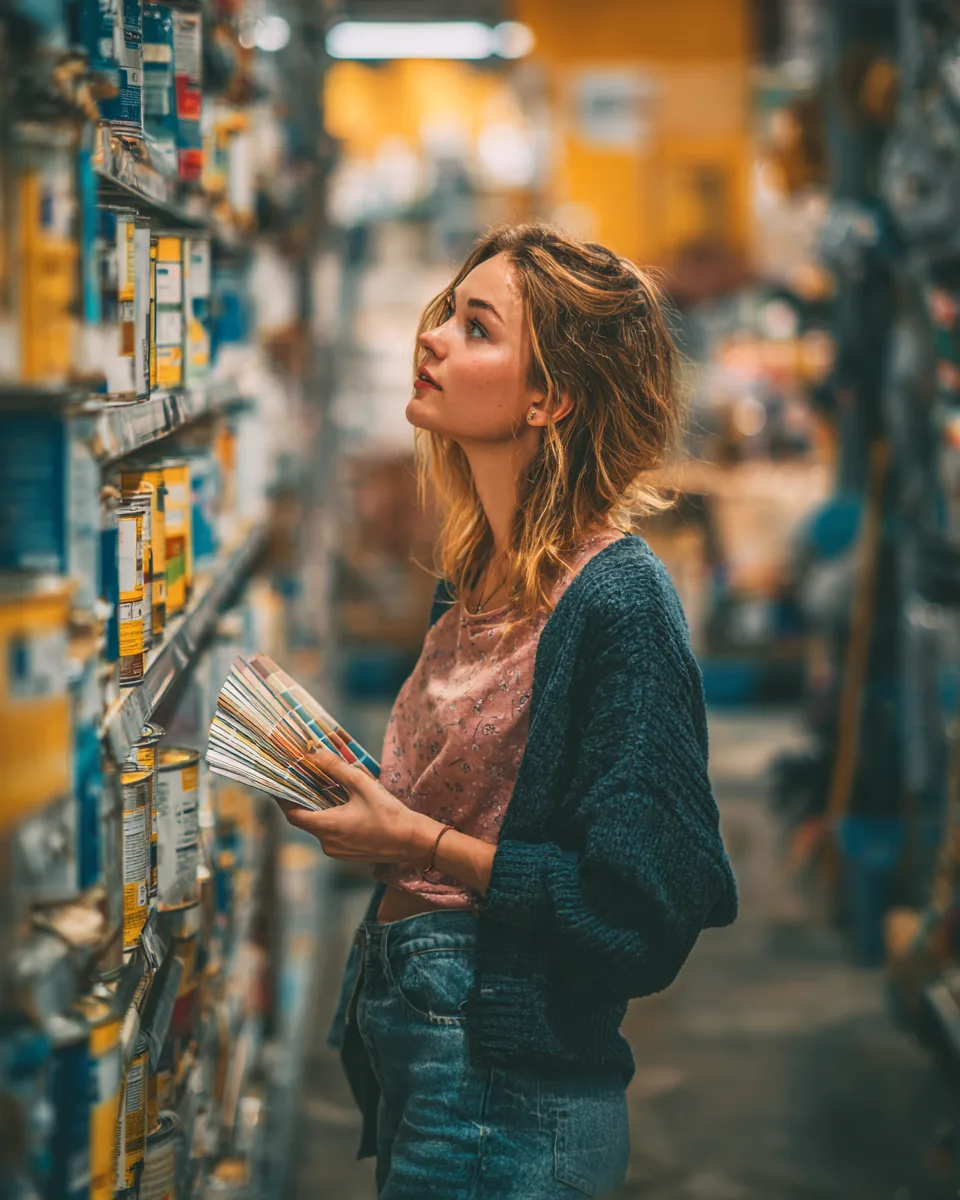 Woman in a hardware store holding a fan of paint swatches while planning a repair she may cover with a personal loan