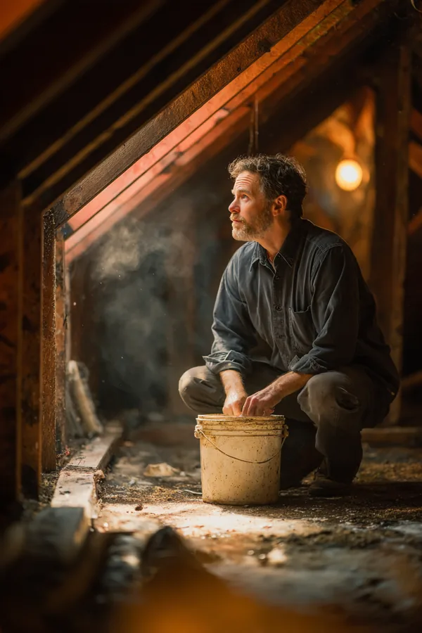 A homeowner kneeling in an attic beside a bucket catching drips from a roof leak