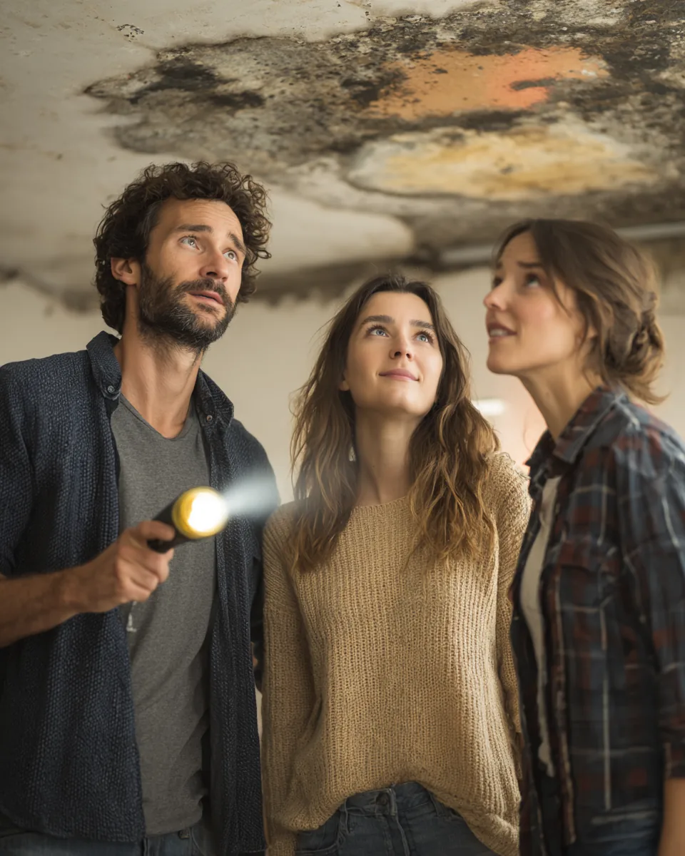 A roofer and a homeowner standing indoors looking up at a water stain on the ceiling while discussing whether a personal loan should cover the repair