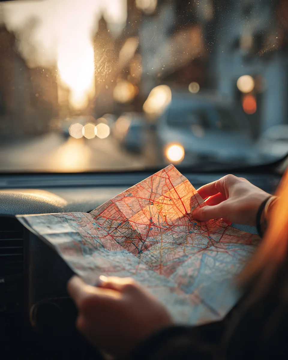 Hands unfolding a paper city map on the dashboard of a parked car, a sitemap of every NuvaLoan personal loan page