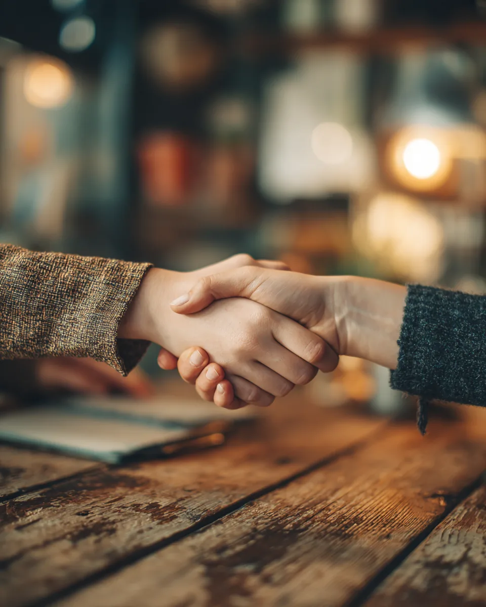 Close-up of a handshake between two adults across a wooden desk, representing the clear terms of the NuvaLoan service
